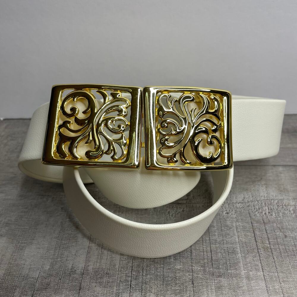DOUGLAS PAQUETTE DP White 1.25 in Adjustable Belt Gold Scroll Buckle 35 in OSFM